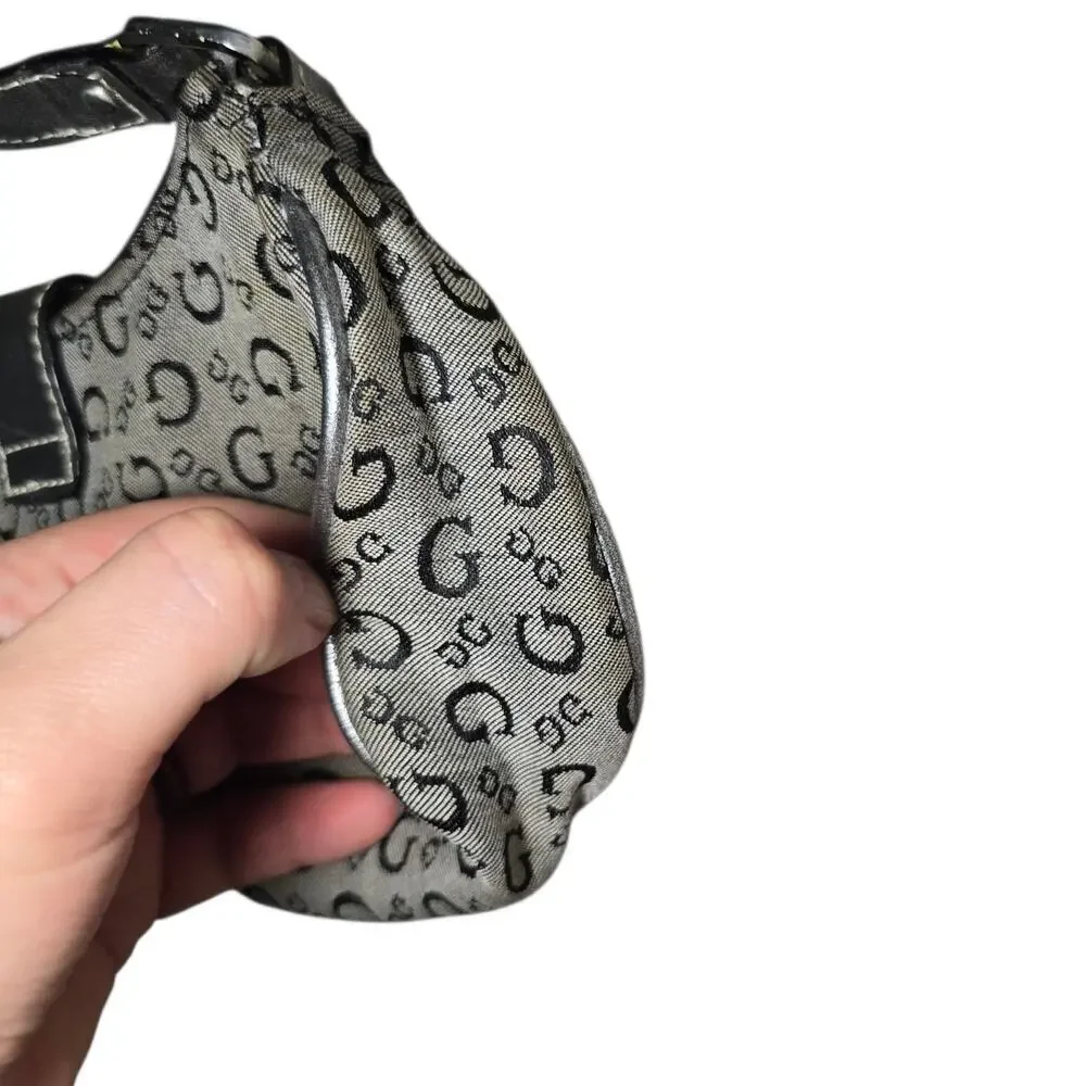 Y2K GUESS Mini Shoulder Bag Grey Monogram Buckle Detail Vintage 2000s McBling